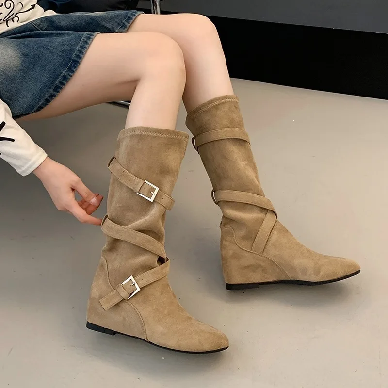 Women Vintage Suede Slouch Mid Calf Boots Invisible Wedge Heel Cross Belt Buckle Shoes Autumn Winter Ladies Western Cowboy Boots view 4