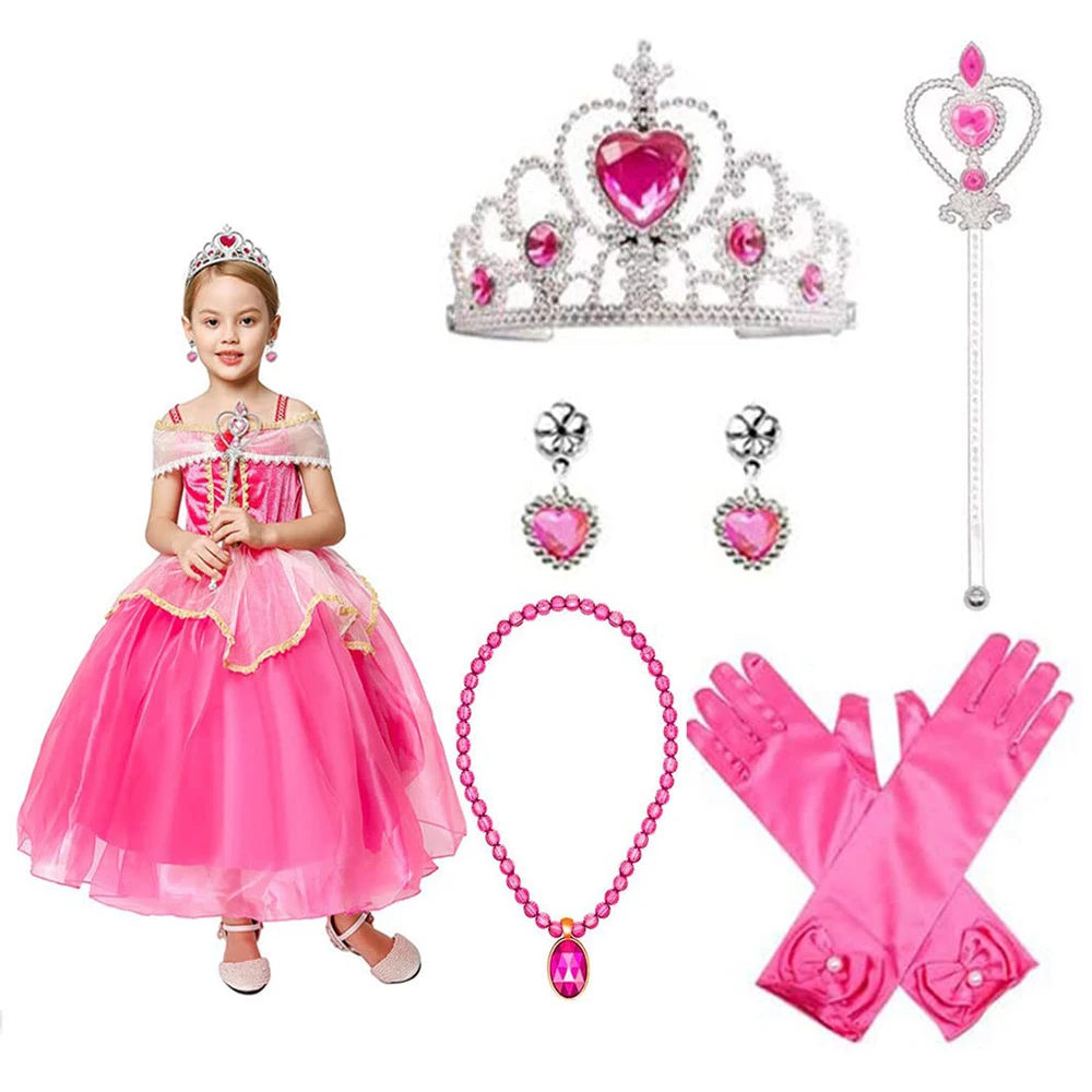 Girl Birthday Decorations Pink Princess Dress Up Costume Accessories Princess Cosplay Gloves Crown Tiara Wand Earrings Necklaces