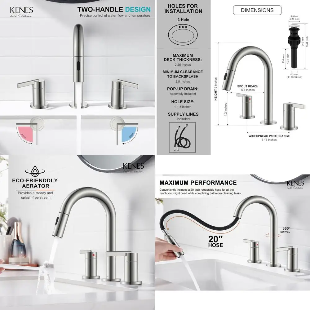 

8 3-Hole Brushed Nickel Bathroom Sink Faucet with Pull-Out Spray and Pop-Up Drain, Model LJ-9068