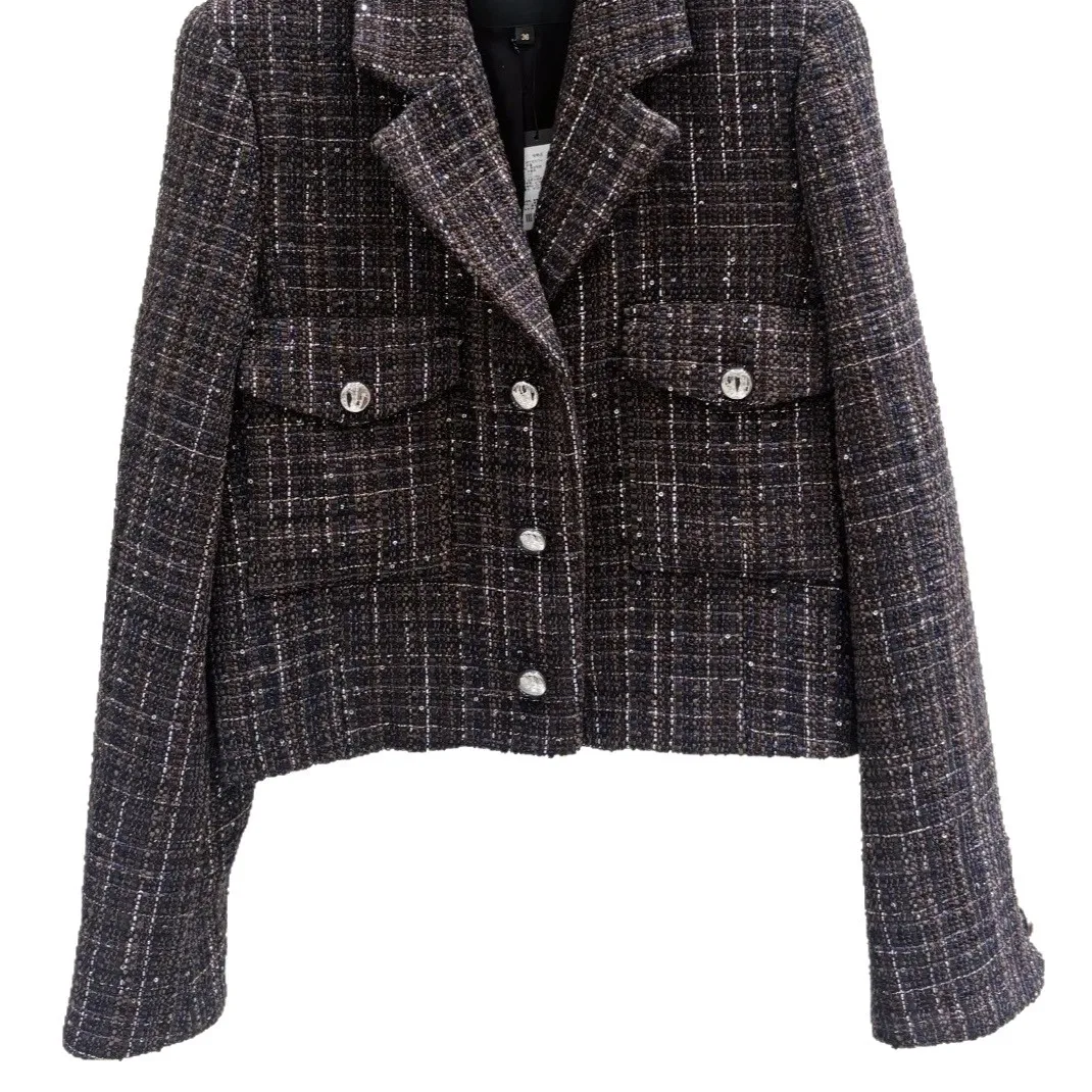 

Autumn/Winter Women Glitter Plaid Set Turn-Down Collar Long Sleeve Brown Short Jacket + High Waist Mini Skirt Elegant Suit
