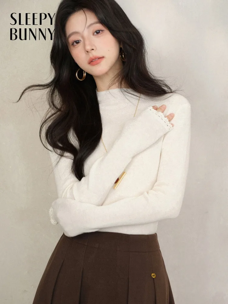 

Элегантный вязаный топ с воротником-стойкой для женщин, женский облегающий свитер с длинными рукавами и кружевными манжетами, мягкая эластичная футболка с внутренним слоем, повседневная одежда