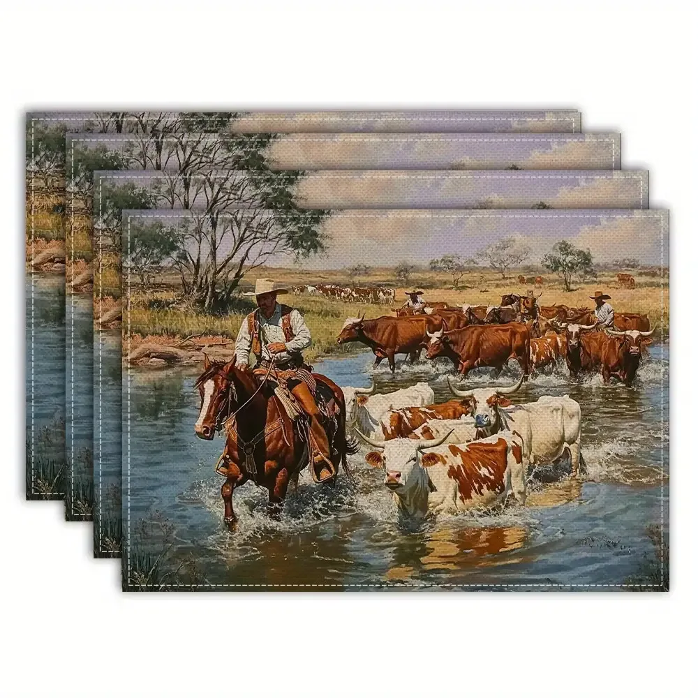 2D Flat 8/4/6pcs Western Cowboy Cattle Placemat Linen Rustic Ranch Theme Table Mat Kitchen Dining Decor Vintage Americana Style