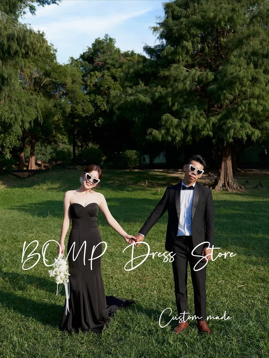 BOMP فساتين حفلات الزفاف الساتان المطاطي الأسود الأنيق فساتين السهرة على شكل قلب كوريا تبادل لاطلاق النار فستان الزفاف حسب الطلب