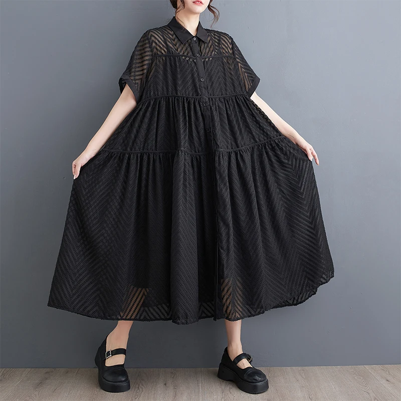여성용 A라인 미디 원피스, 루즈한 앞면 단추 셔츠, 원피스 반팔 스플릿 조인트 관점, 섹시한 A라인 원피스, #3849 블랙 화이트 