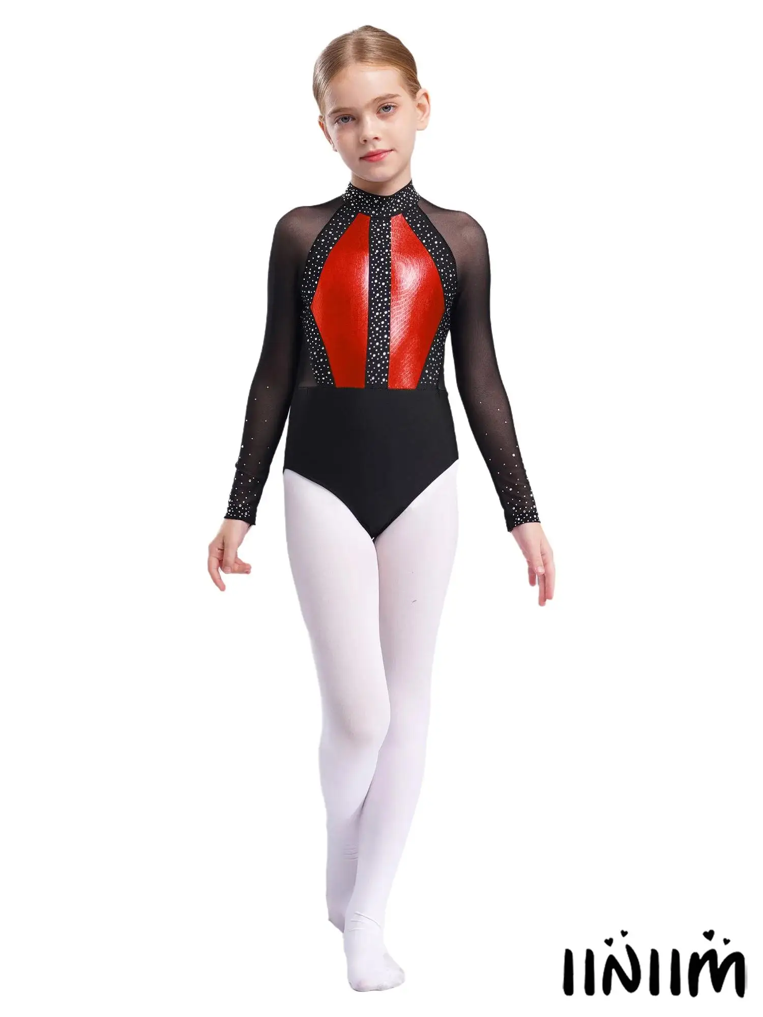 

Kids Figure Skating Dancewear Gymnastics Yoga Dance Outfit Color Block Patchwork Long Sleeve Leotard+Leggings+Shorts+Headwear