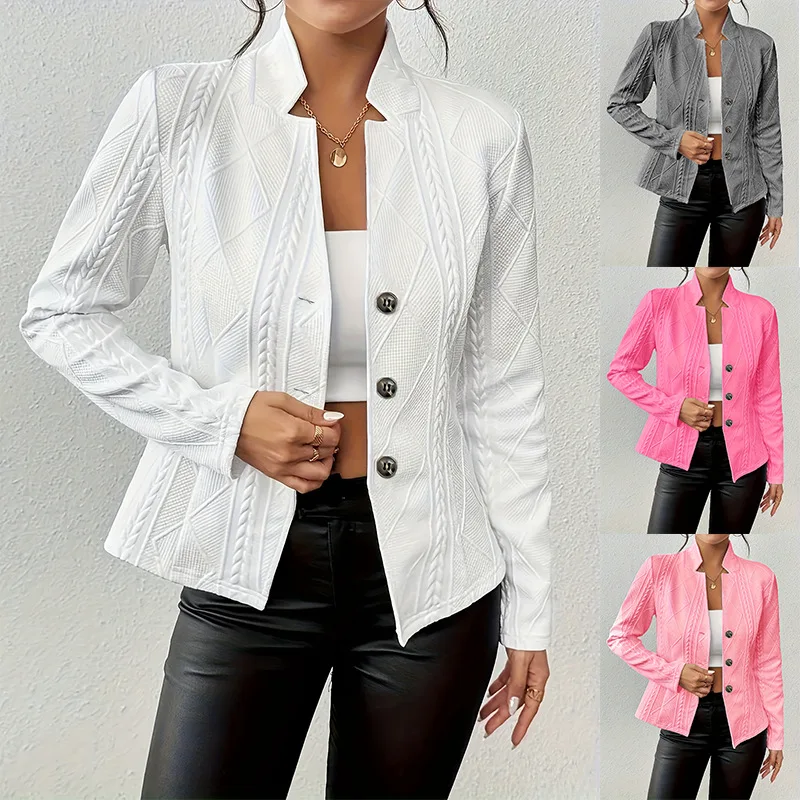 

Women Blazer Jacket Suit Coat Single Breasted Stand Collar Slim Outerwear Temperament Office Lady 2025 Spring Vintage Tops