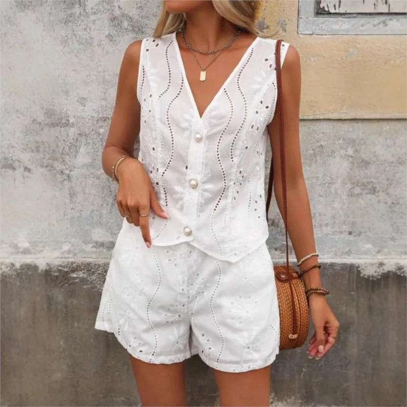 

2025 модные кружевные шорты с вырезами, женские повседневные жилеты без рукавов с v-образным вырезом и пуговицами, топы + шорты, комплекты из двух предметов, женские офисные женские туфли