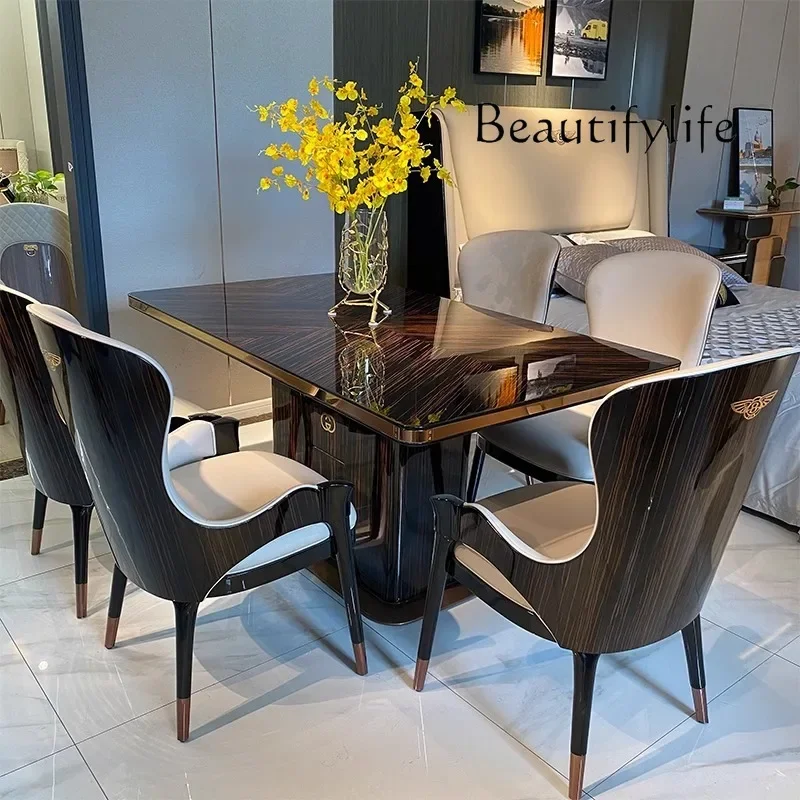 

dining table and chair combination solid wood paint long dining table high-end household simple dining table leather