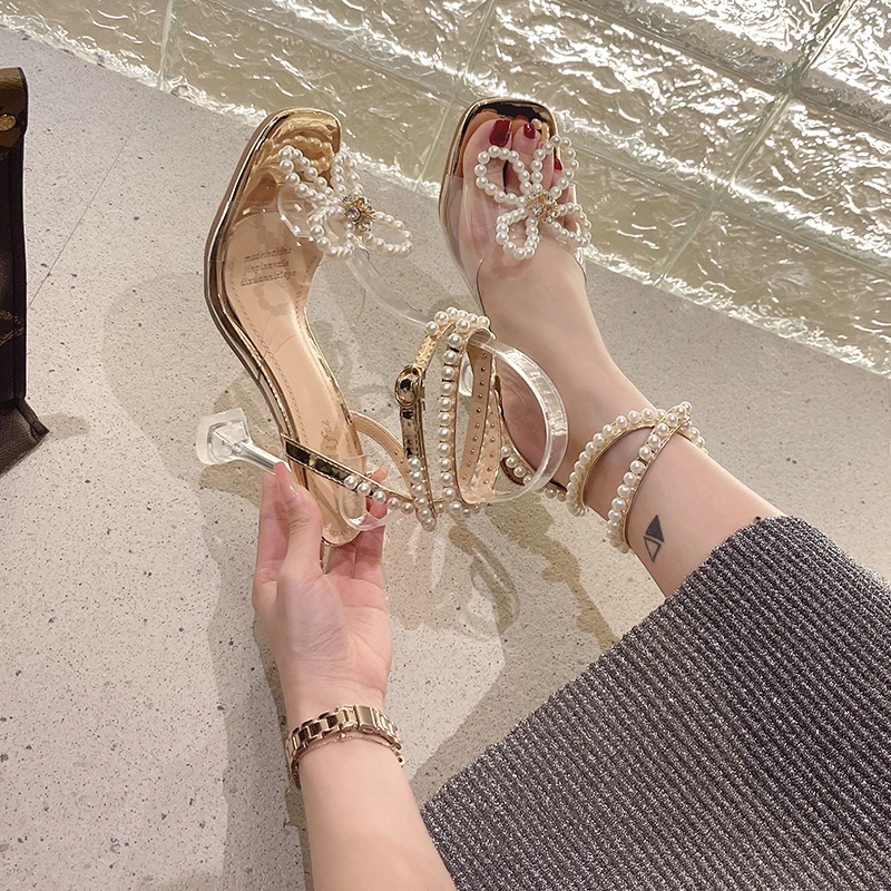 2023 Summer Fashion Women\'s Sandals Crystal Heel Sexy Ankle Strap Sandals Pearl Bow Shoes Wedding High Heels Simple Women Pumps