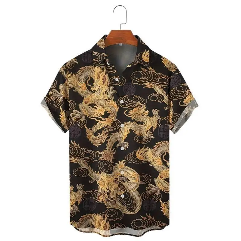 Men\'s Summer Fashion Dragon Print Short Sleeve Button Down Shirt S-3XL Plus Size Chinese Dragon Style Streetwear Overshirt Tops