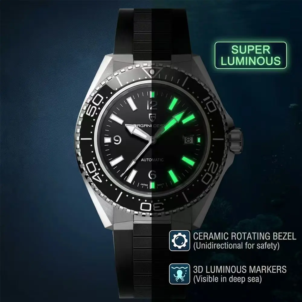 

Pagani Design Luxury Men's Automatic Watch Top Sapphire Stainless Steel Rubber Strap 100M Waterproof Mechanical Watch