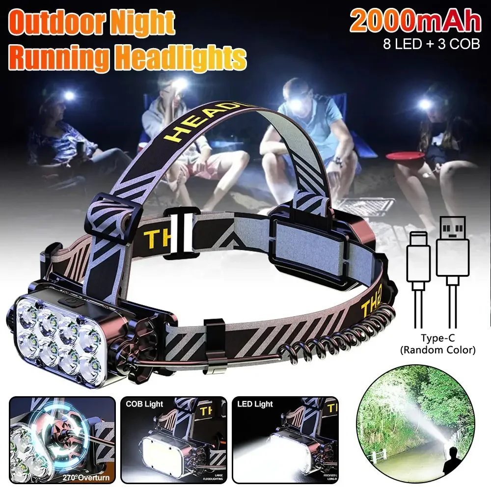 10000 Lumens Flip Rechargeable LED Headlamp with Mode Memory Outdoor Waterproof Head Torch Lantern Headlamps for Camping Fishing