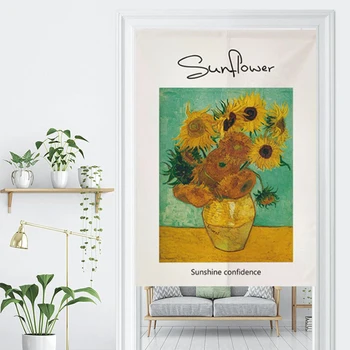 북유럽 해바라기 현관 커튼, 집 입구 장식, 꽃무늬 칸막이 문 커튼, 주방용 노렌 커튼, 거실용 