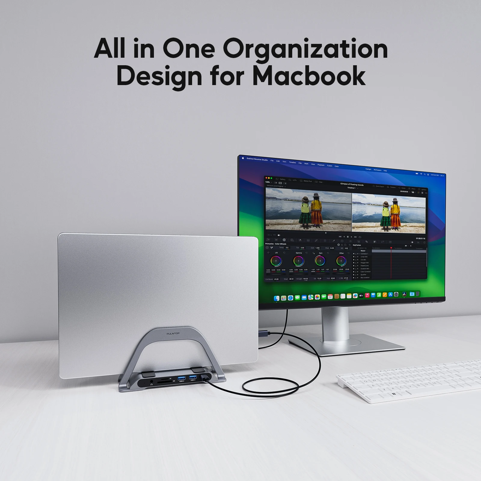 PULWTOP-USB C Docking Station com suporte vertical, 4K HDMI, USB A, C, SD, TF, PD3.0, Ethernet, MacBook Pro, Air, Laptops