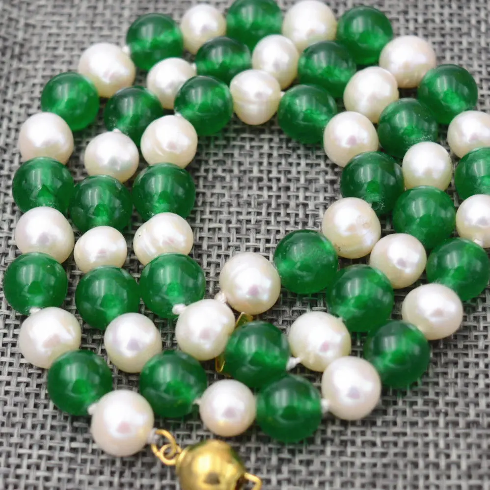 Charming 7-8mm White Cultured Pearl & 8mm Green Jade Necklace 18INCH AAA+