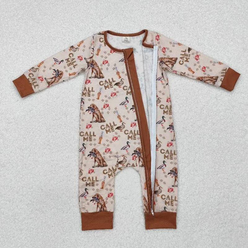 

8.20y Boutique wholesale baby boys call me bamboo duck puppy brown zipper long sleeve onesie
