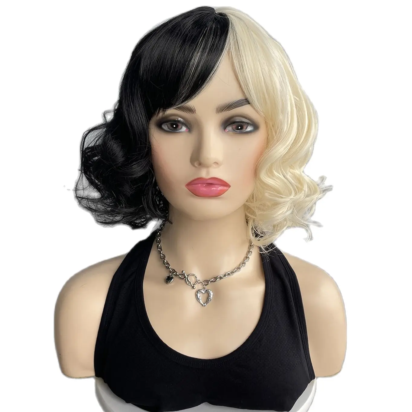 

BCHR CRUELLA De Vil Cosplay Wig Half White Half Black Synthetic Short Wavy Wigs With Bangs For Women Heat Resistant Natural Hair