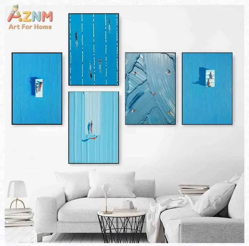 AZNM Thick Texture Blue Ocean Swimming People Canvas Wall Art Abstract Minimalist Hand Painted Seaside Diving Scenery Modern Hom
