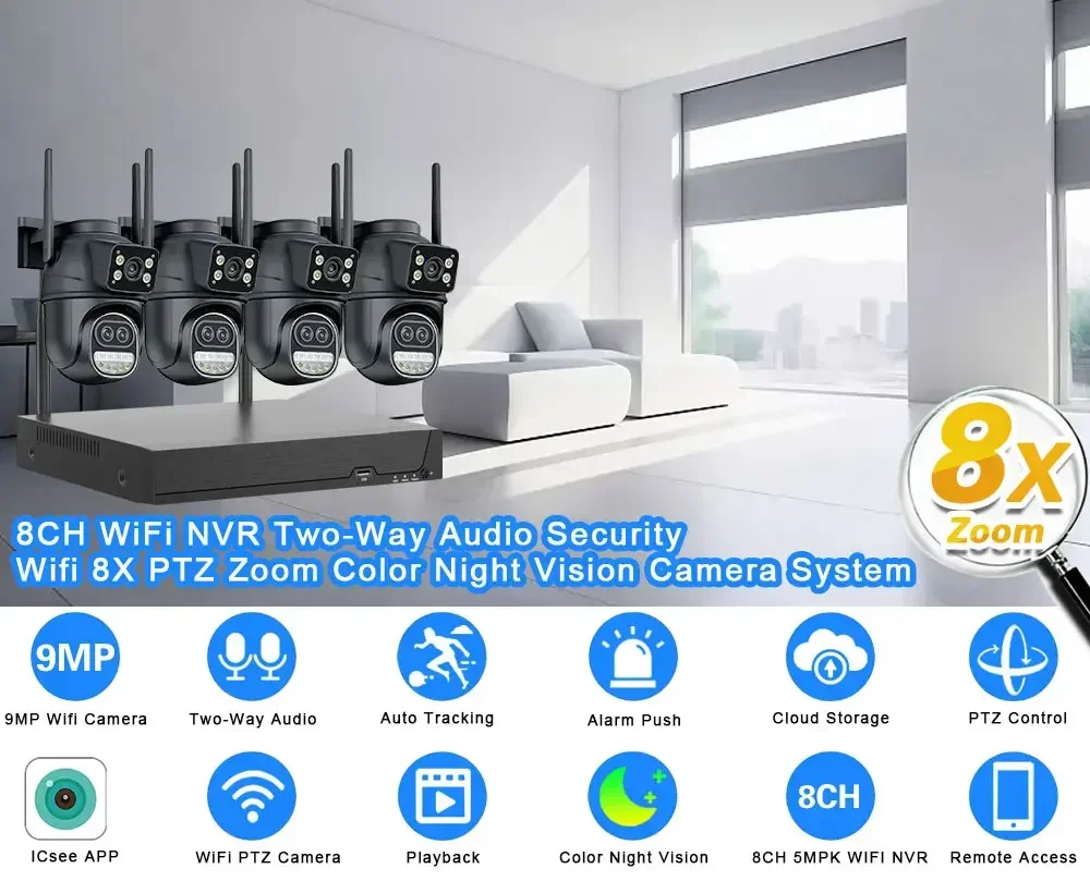 كاميرا ICsee 9MP 5K WiFi IP تكبير 8X شاشات مزدوجة 3 عدسات وشاشة مزدوجة PTZ Wifi كاميرا خارجية 8CH WiFi NVR CCTV طقم حماية