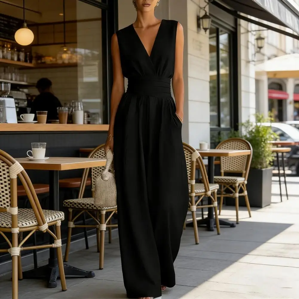 Fashion Women's Jumpsuit High Waist V-neck Casual Jumpsuits Sexy Solid Color Office Wide Leg Trousers Overalls Vacation Outfit