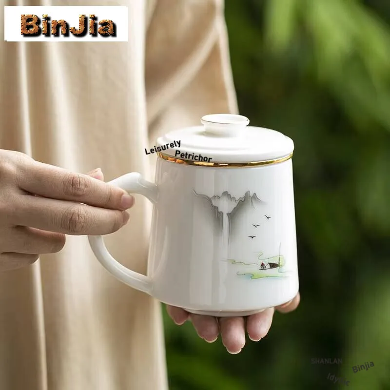 

400Ml Mutton Fat Jade Handmade Tea Cup Household Landscape Mug Antique Coffee With Filter Maker Drinkware Crafts