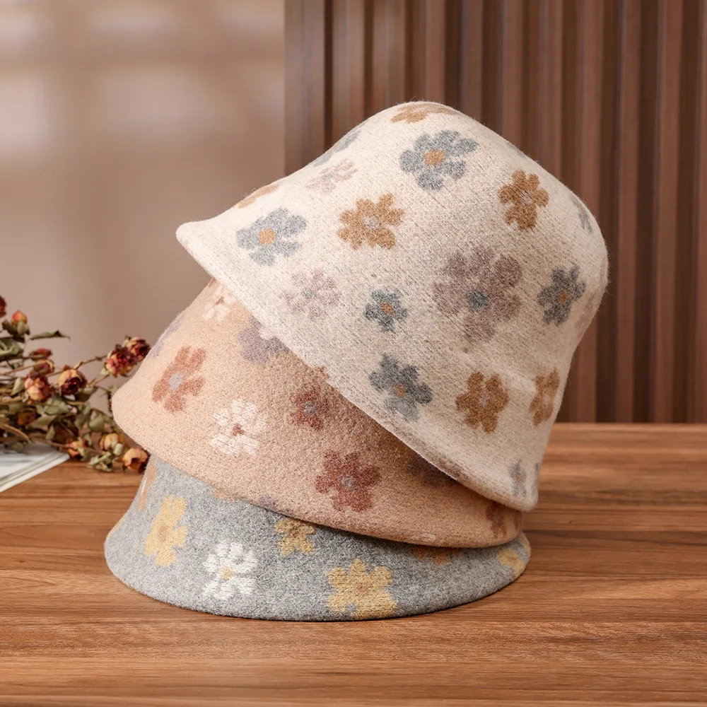 Winter Woolen Bucket Hat Women's New-Style Fisherman's Hat Elegant Bowler Hat Face-Slimming Design