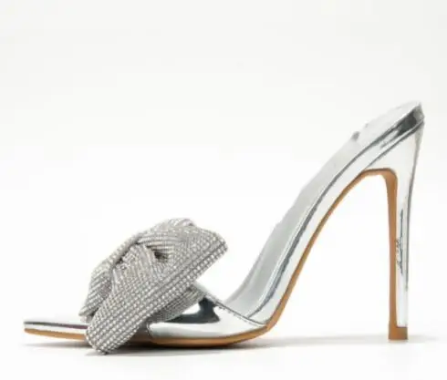 

Sliver Black Gold Bling Crystal Rhinestone Big Butterfly Knot Pointed Toe Stiletto Heel Slippers Women High Heel Party Sandals