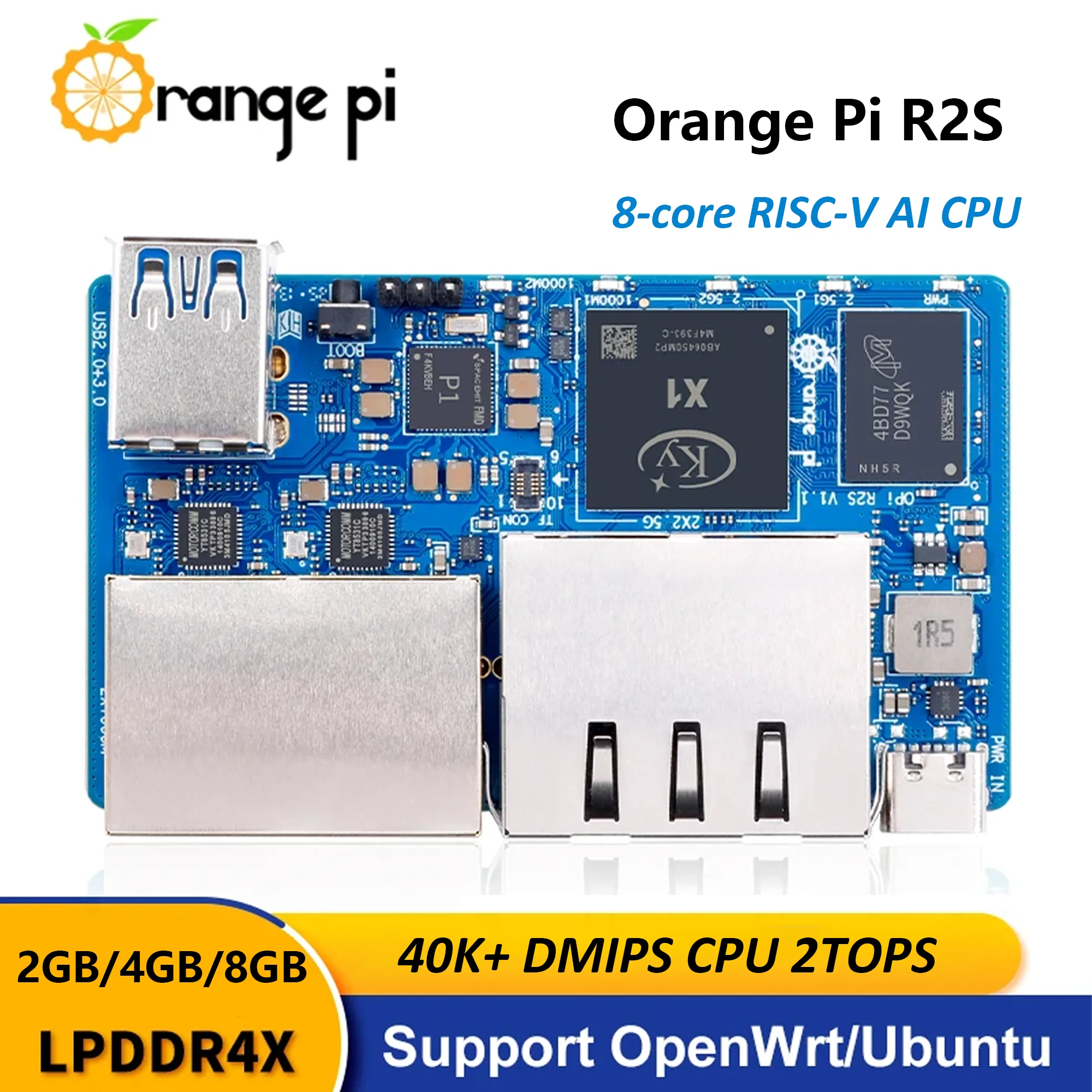 

Orange Pi R2S 2GB/4GB/8GB RAM RISC-V Development Board 8GB eMMC 2 TOPS NPU WiFi+BT5.0 Gigabit Ethernet Single Board Computer