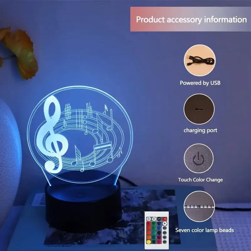 Nota Musical 3D Luz Noturna, Lâmpada De Ilusão Óptica, Controle De Toque, 7 Cores, Luz Atmosfera, Quarto, Cabeceira, Decoração Do Escritório