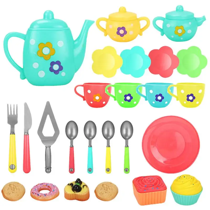 

25pcs Wooden Tea Toys Pretend Play Kitchen Accessories Food Playset For Kids Tea Party Colorful Simulation Doughnuts Smooth Bowl