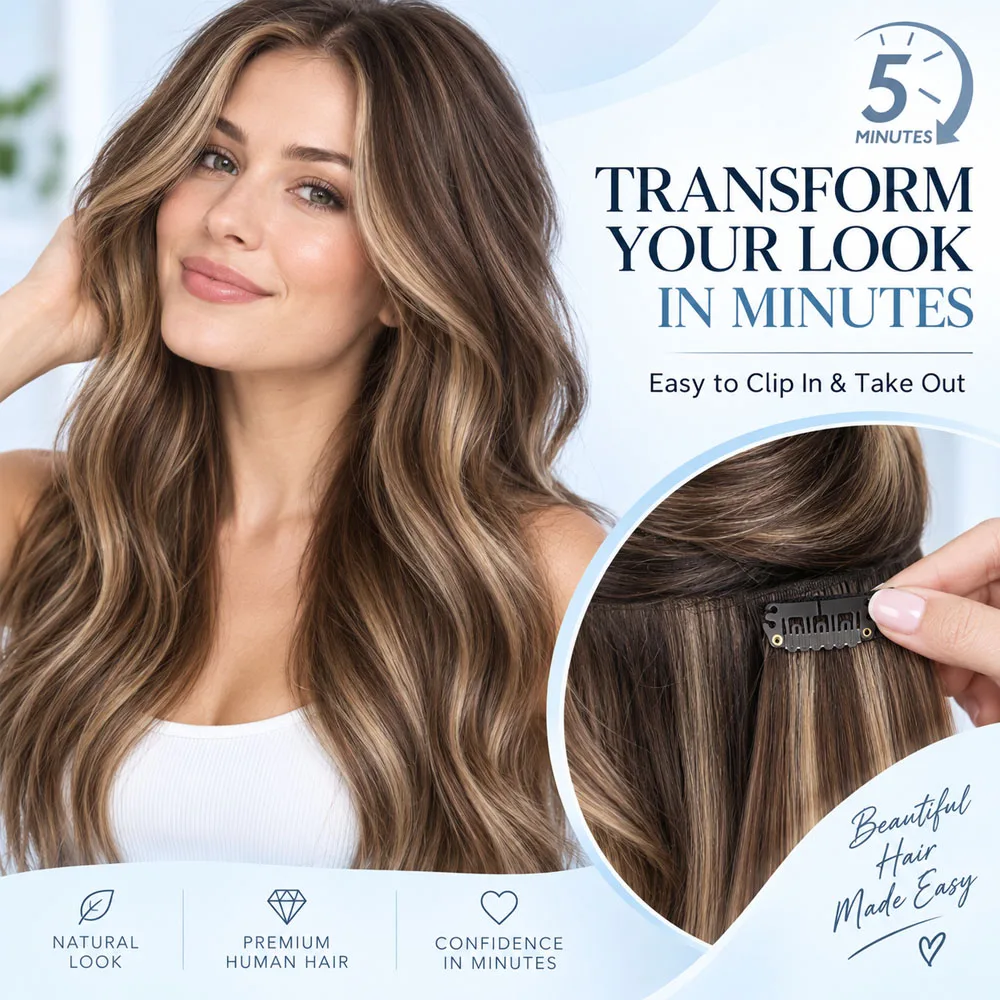 Clip in Hair Extensions 7Pcs Invisible Volume Boost Quick Install Invisible Scalp Coverage 24In 120g 4/27/4 Balayage Chocolate Brown to Caramel Blonde