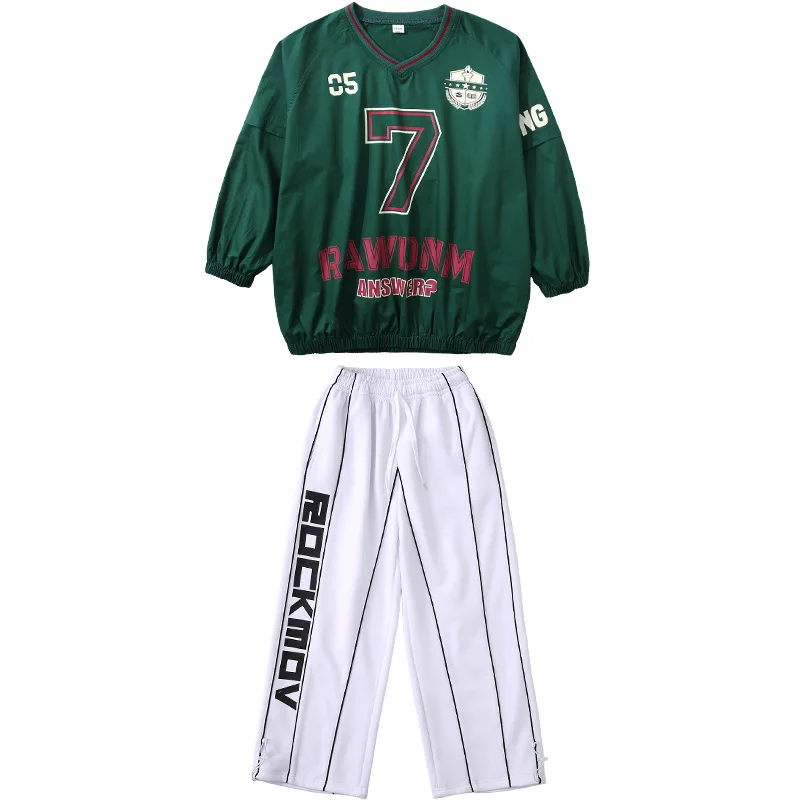 Abbigliamento Hip Hop Kpop per bambini Felpa in jersey con orlo elastico rosso verde Pantaloni sportivi da strada bianchi per abiti da ballo per ragazza ragazzo