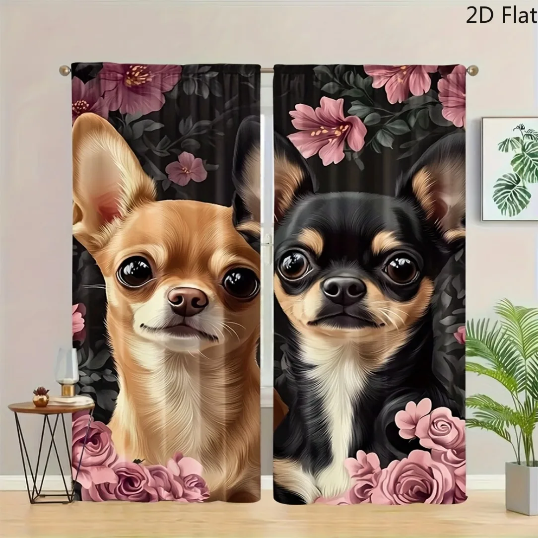 Cute Chihuahua Dog Curtain, Floral Pet Portrait Window Drape, Animal Lover Home Decor for Living Room Bedroom, Blackout Fabric