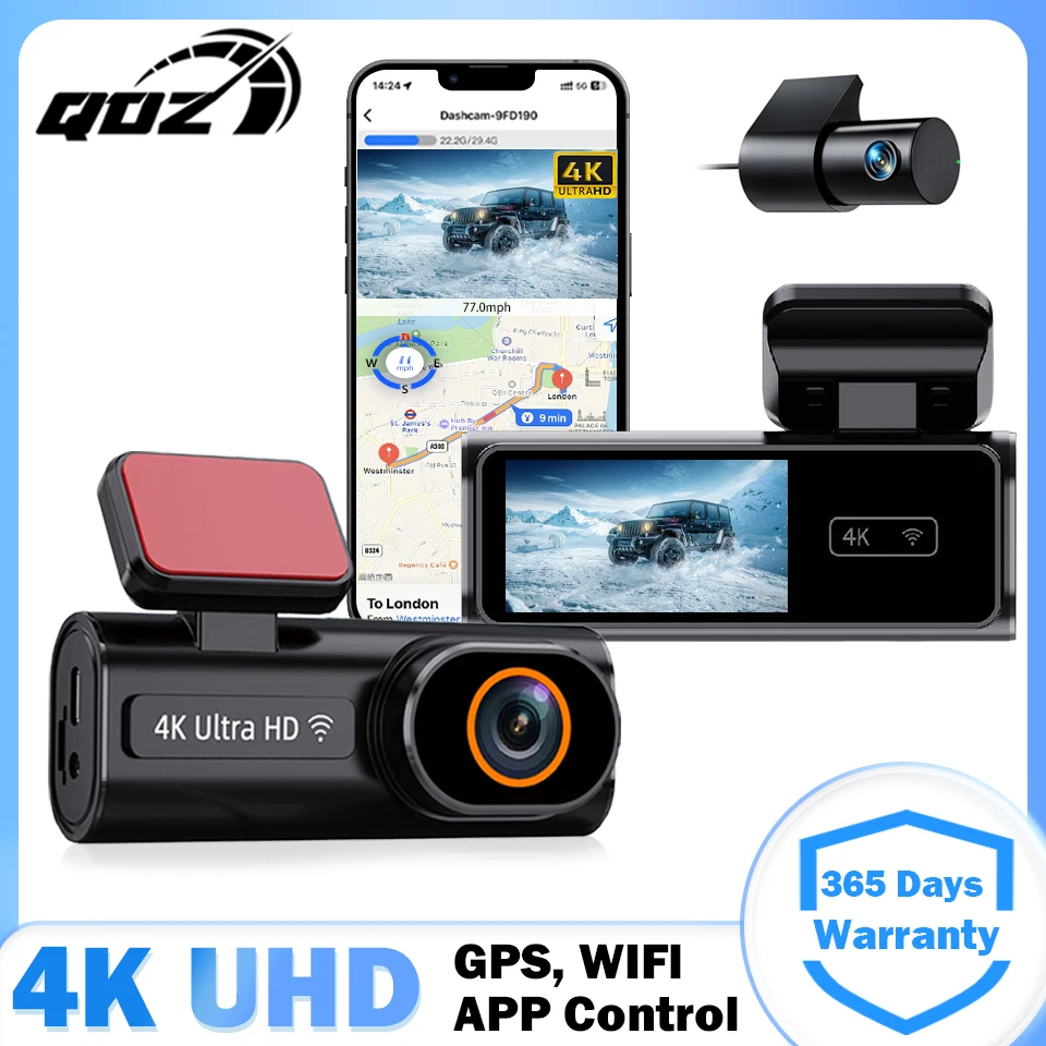 

QOZ 4K Dash Cam Front and Rear WiFi GPS Dash Camera for Cars With 24H Parking Monitor WDR Night Vision Black Box