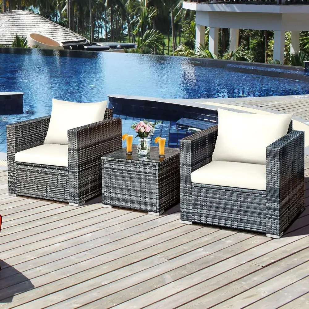 3 Pieces Patio urniture Set, PE Rattan Wicker Soa Set w/Washable Cushion and Tempered Glass Tabletop, Outdoor Contion urniture o