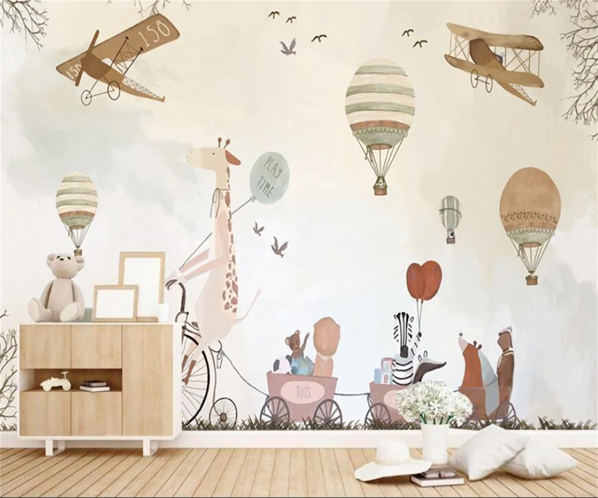 

Custom size Wall paper hand-painted hot-air balloon giraffe animal children's room background wall Mural decoration 3d Wallpaper