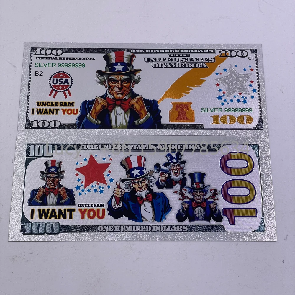 أمريكا العم سام "أنا أريدك" الأوراق النقدية الفضية 100 دولار أموال بلاستيكية قابلة للجمع فواتير تذكارية هدايا للحفلات #3