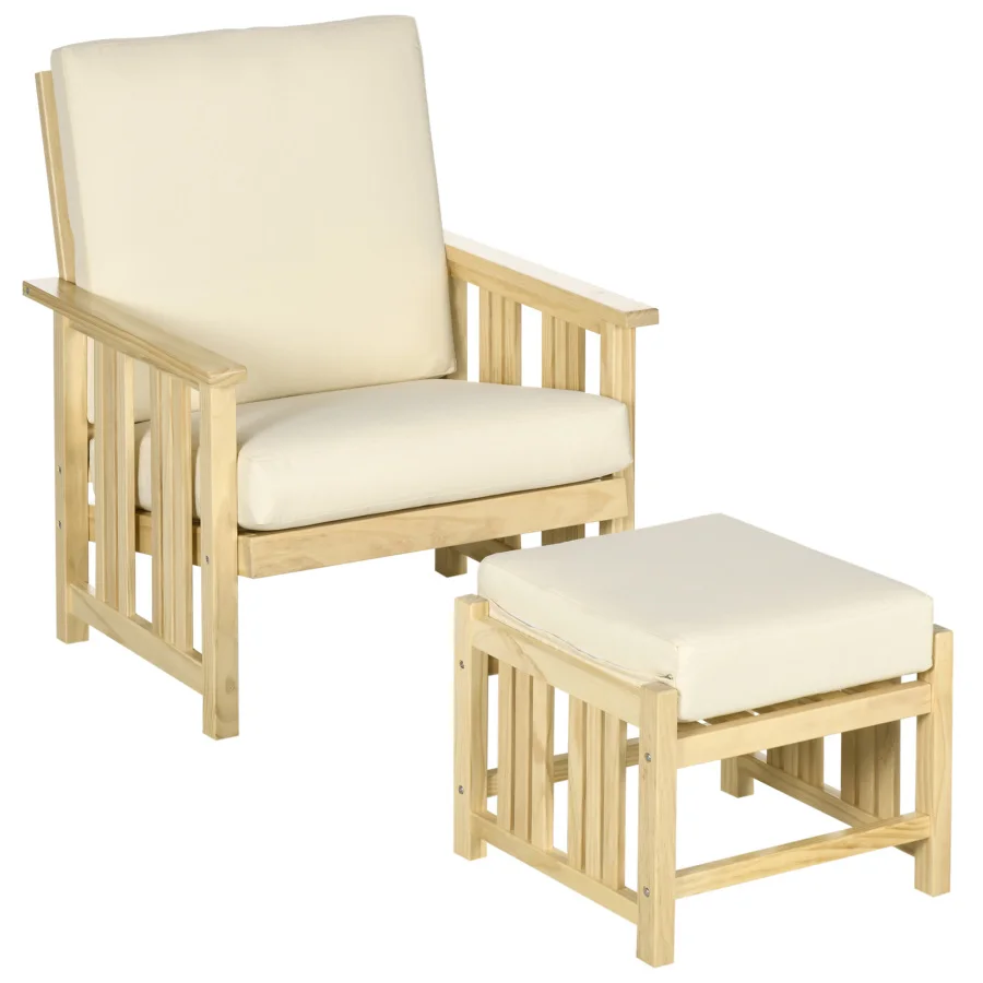

Patio Furniture Set Wood Outdoor Patio Chair with man 2 Piece Cushioned Outdoor Lounge Chair Sofa Chair with Footrest Beige