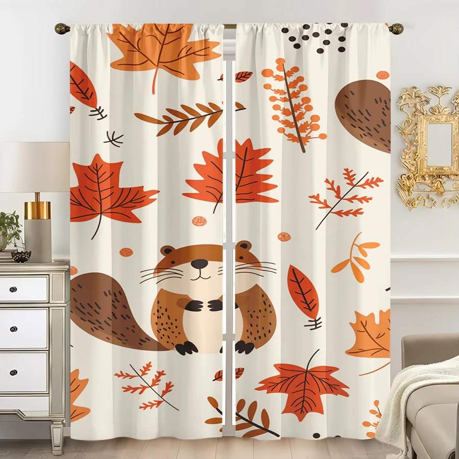 2PCS Digital Print Curtain, Beaver Maple Leaf White Repeat Pattern, Fall Autumn Cute Animal for Living Room Bedroom Decor