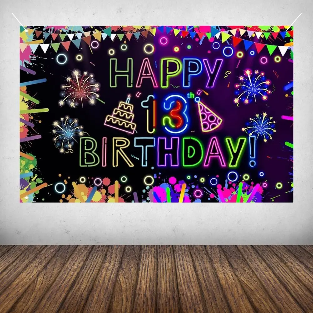 Party Backdrop Polyester Neon Happy 13th Birthday Party Decorations Boys