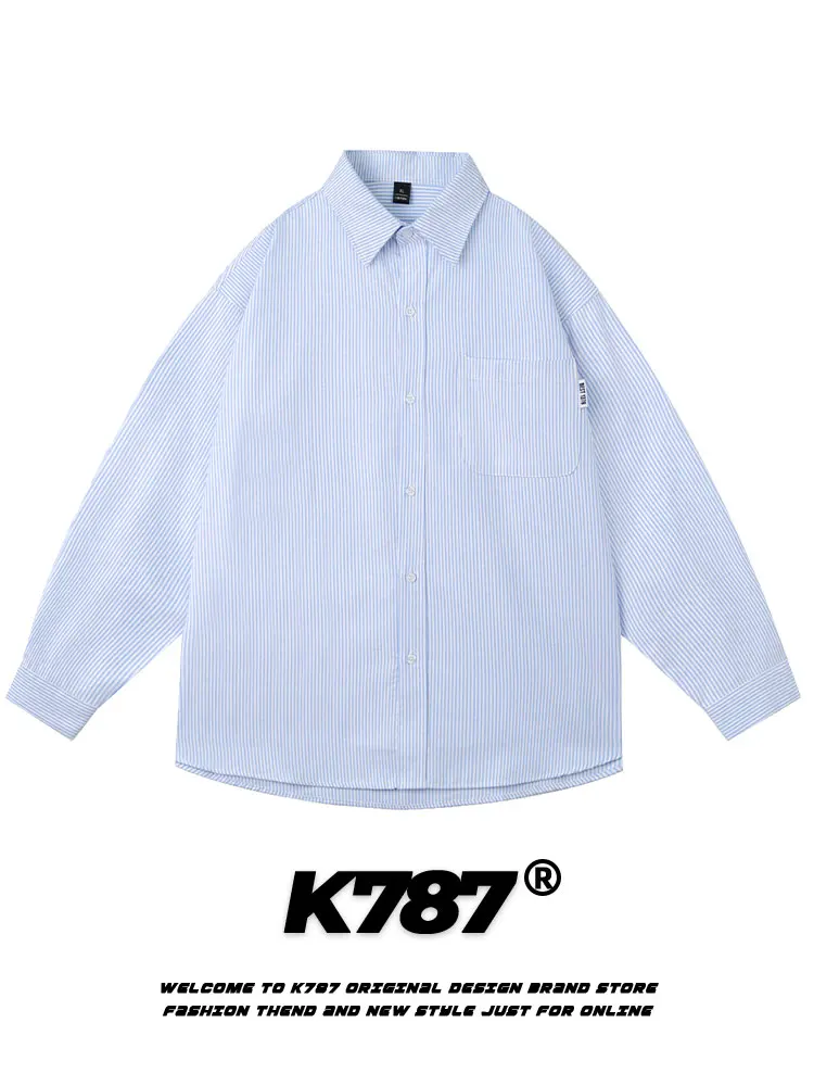 

K787 Американская ретро-рубашка в полоску с длинным рукавом, весенне-осенняя, для пар, молодежная, модная, из хлопка и полиэстера