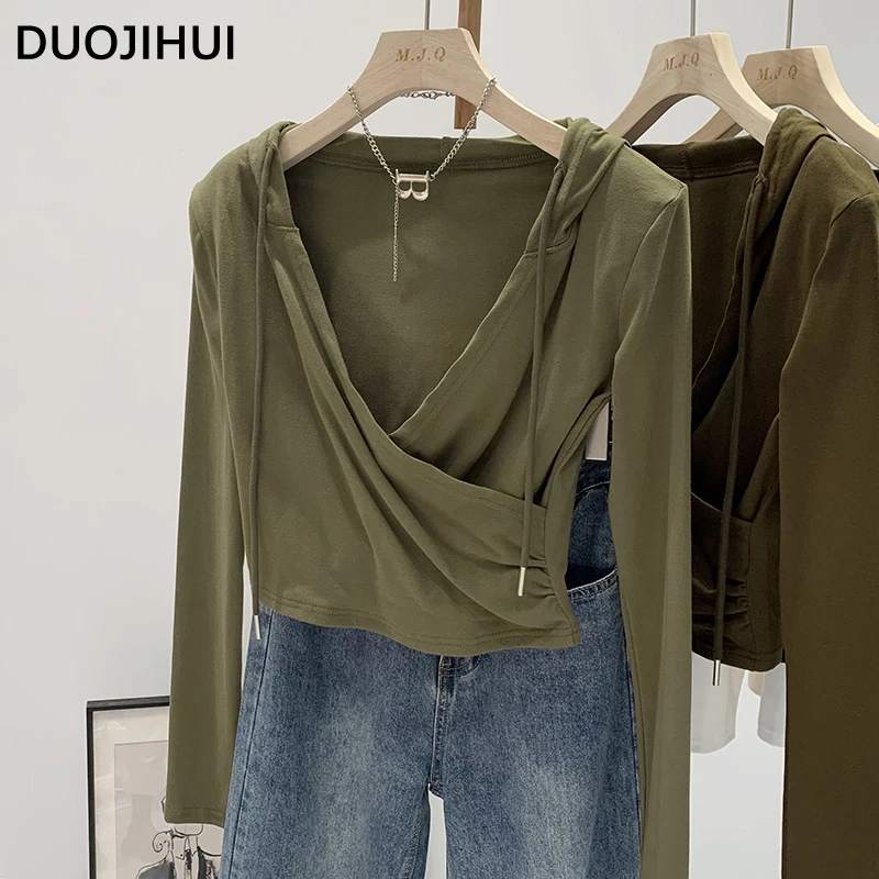 

DUOJIHUI Шикарные Свободные повседневные женские футболки с капюшоном, Осенние новые простые нестандартные модные однотонные мягкие женские футболки
