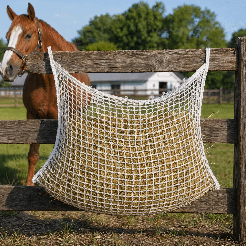 Practical PE Woven Rope Forage Net Bag Mesh Hole Design Large Capacity Horse Forage Bag Durable White Forage Woven Bag Horses