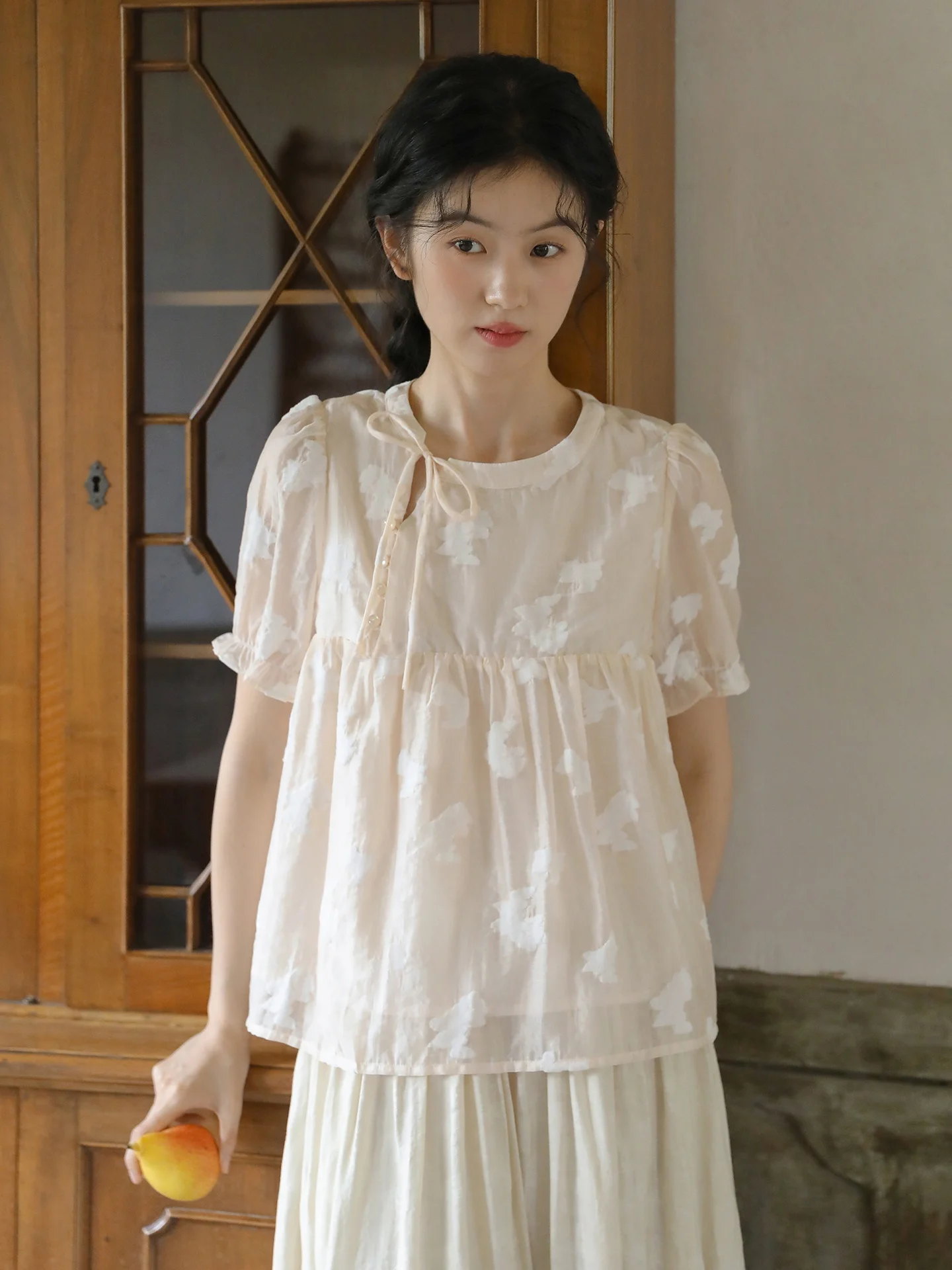 

Nesoulum Summer Women's Loose ort Sve Silk irt Floral Embroidery Light Orange Pink 3D Floing Vintage Top