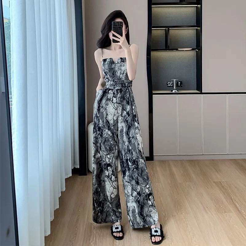 Summer Thin Ink and Wash Printing Jumpsuits Women Korean Loose Straight Overalls Woman Fashion Baggy Jumpsuit