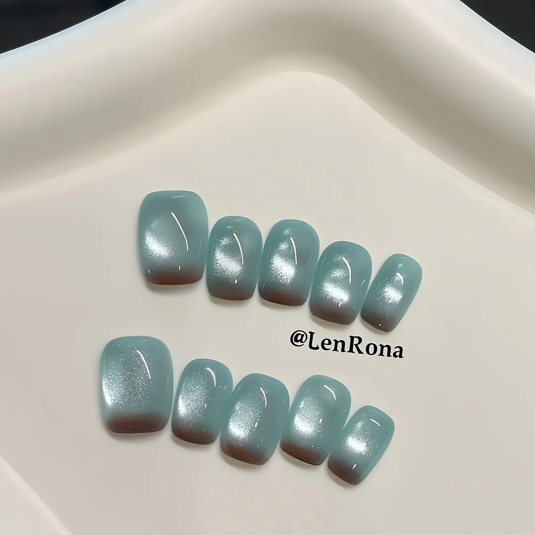 10개 브라운-블루 핸드메이드 네일 옴브레 캣아이 프레스온 네일 짧은 스퀘어 가짜 네일 여성&소녀용 탈부착 가능 네일