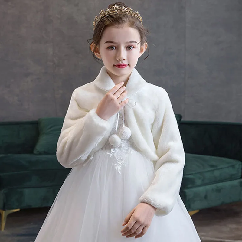 Kids Girls Princess Thicken Plush Jacket Crop Wraps Shawl Flower Girls Long Sleeves Bolero Warm Cape Wedding Birthday Party Coat