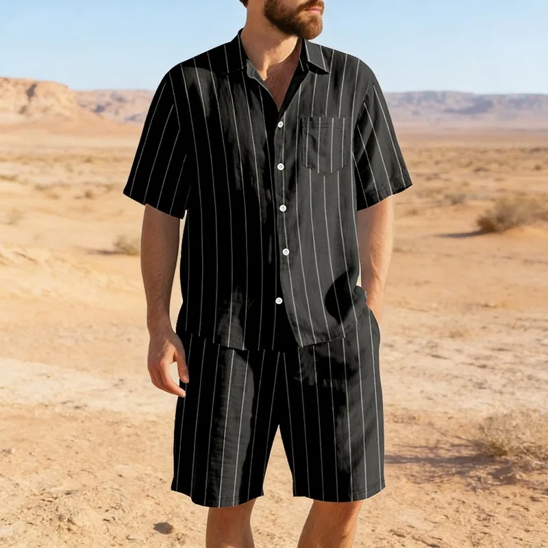 

Cross-border summer linen shirt, vertical stripe men's lapel buttoned loose breathable casual men's short-sleeved suit fashion