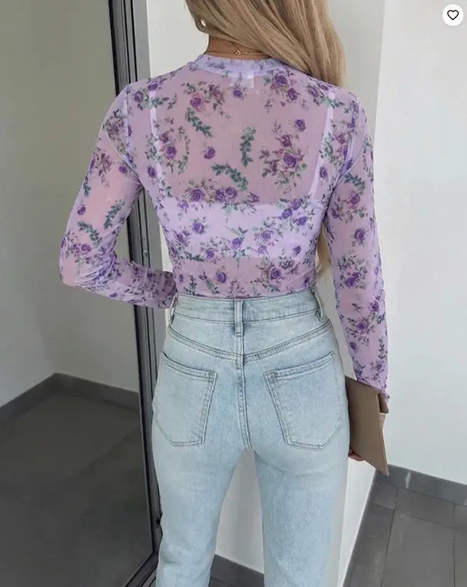Women's Fashion Floral Print Sheer Mesh Top 2026 Spring New Long Sleeve Slim Fit Crewneck Layering Top with Thumb Hole Cuffs