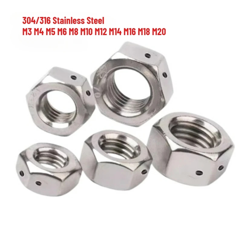 10pcs M3 M4 M5 M6-M20 304/316 Stainless Steel Hexagonal Metric Nut with Holes Drilled on The Side and Lead Seal Nut DIN934